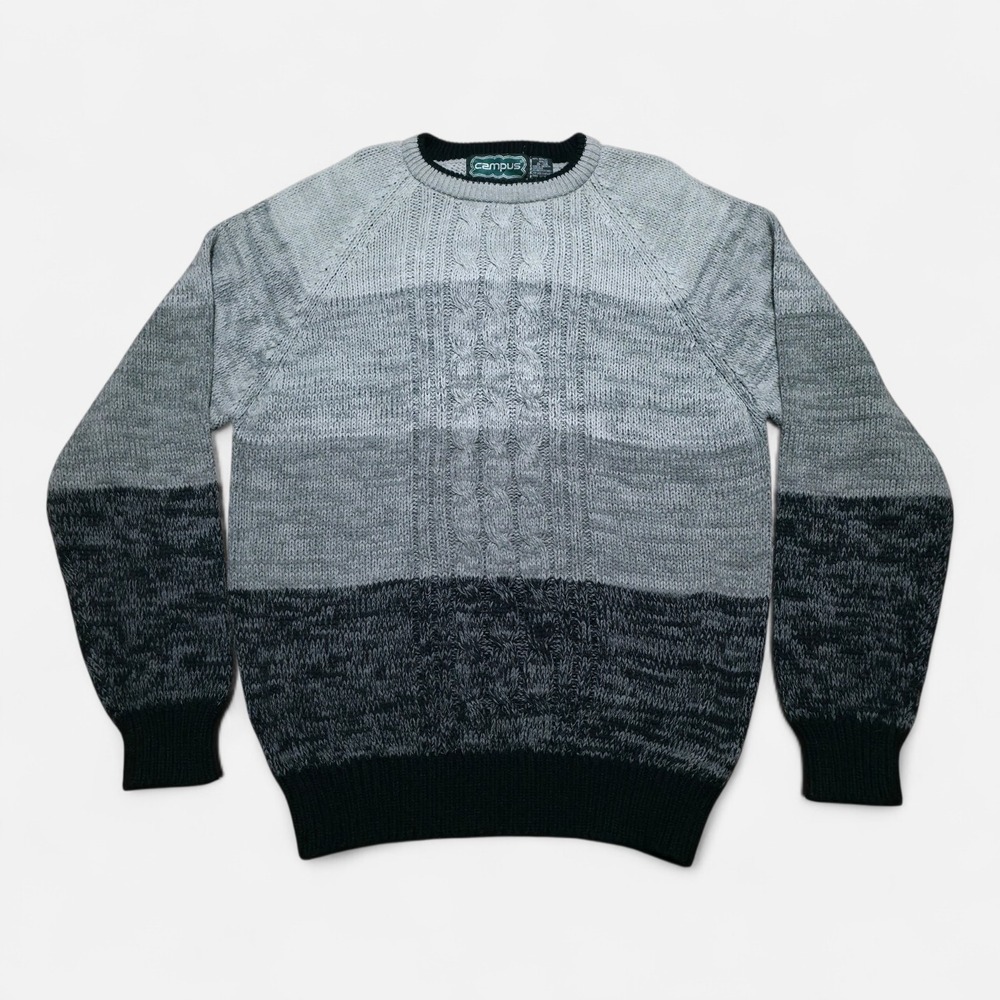 Vintage Campus Sweater‎ Mens XL Chunky Cable Knit Pullover Crew Neck Black White